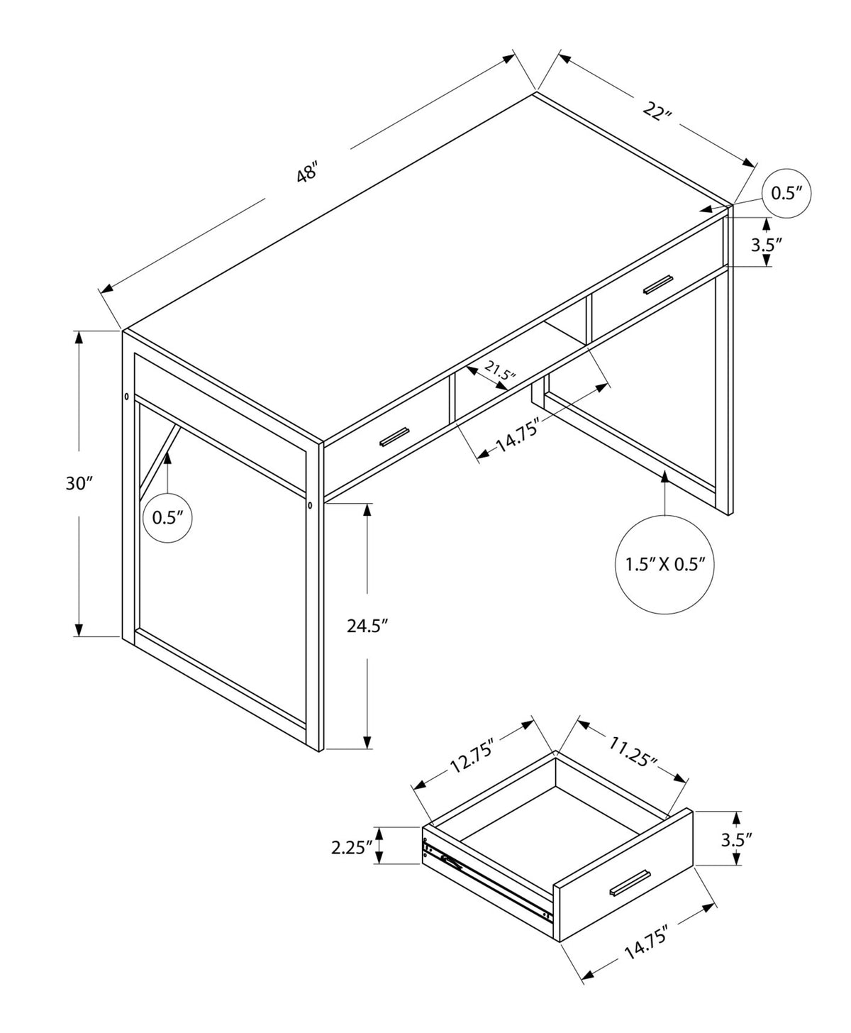 22" Taupe and Black Computer Desk With Two Drawers