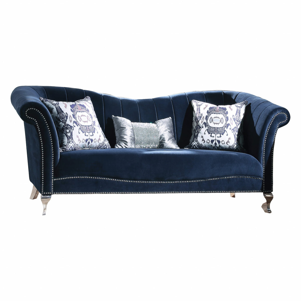 37" Blue Velvet Curved Settee And Toss Pillows With Silver Legs