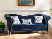 37" Blue Velvet Curved Settee And Toss Pillows With Silver Legs