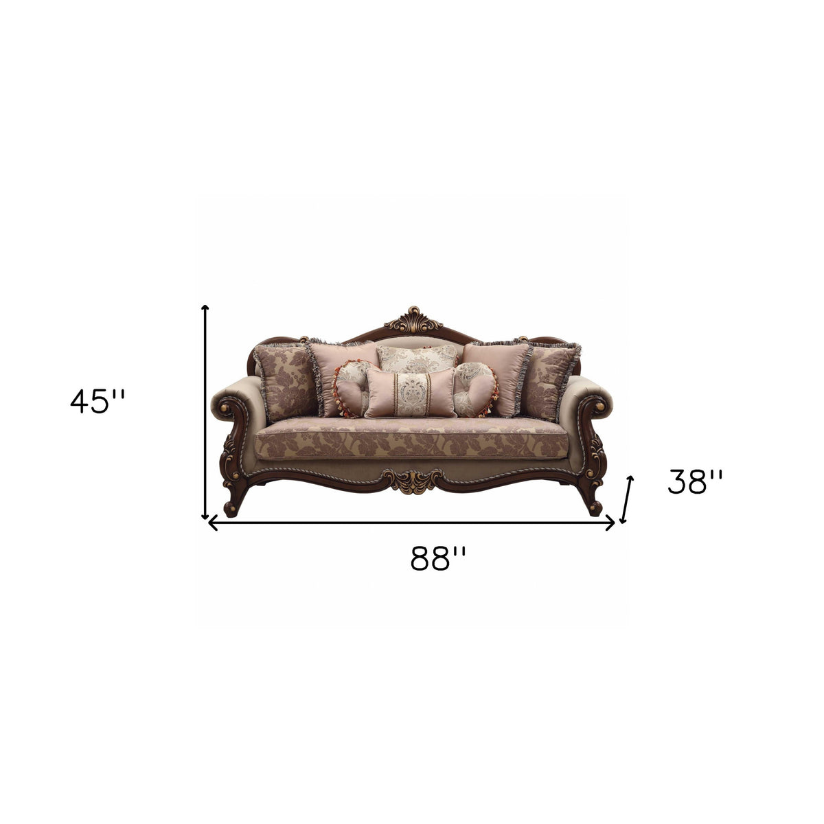 88" Beige Velvet Floral Sofa And Toss Pillows With Brown Legs