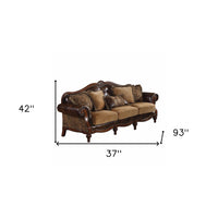 37" Brown Faux Leather and Chenille Sofa And Toss Pillows With Dark Brown Legs