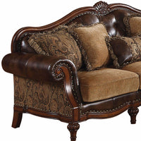 37" Brown Faux Leather and Chenille Sofa And Toss Pillows With Dark Brown Legs