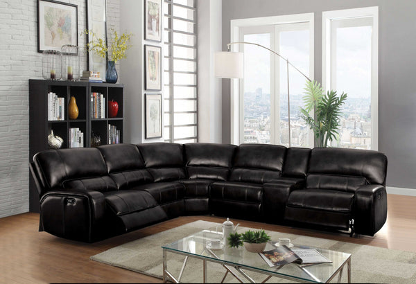 Black Faux Leather Power Reclining L Shaped Six Piece Corner Sectional With Console