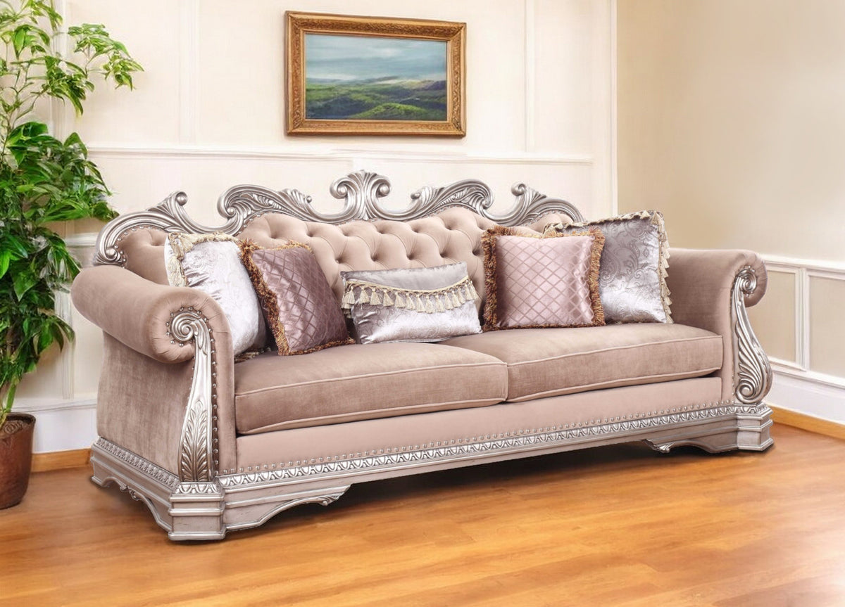 42" Rosegold Velvet Sofa And Toss Pillows With Silver Legs