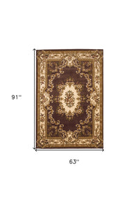 5' X 8' Plum Ivory Machine Woven Hand Carved Floral Medallion Indoor Area Rug