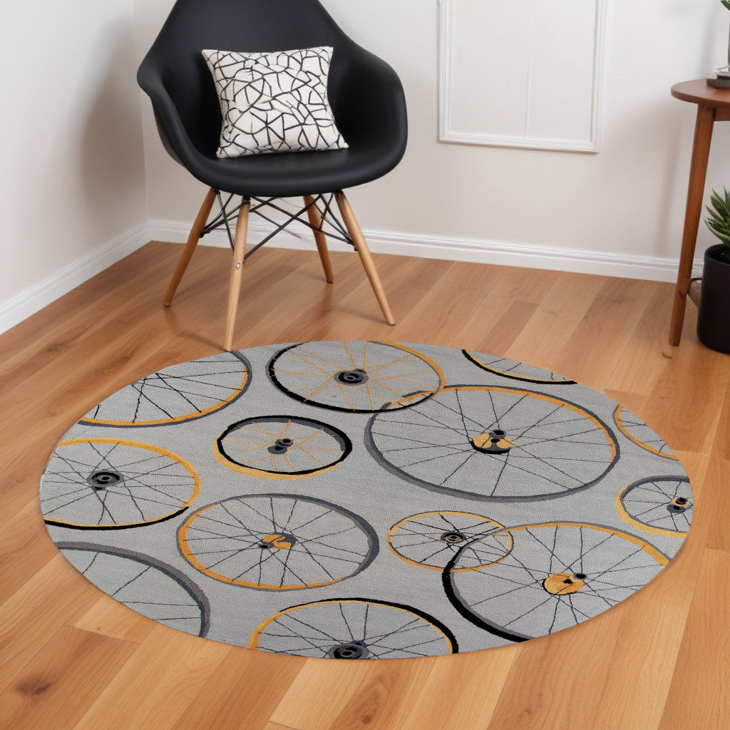 5' X 8' Grey Hand Hooked Wheels Indoor Area Rug