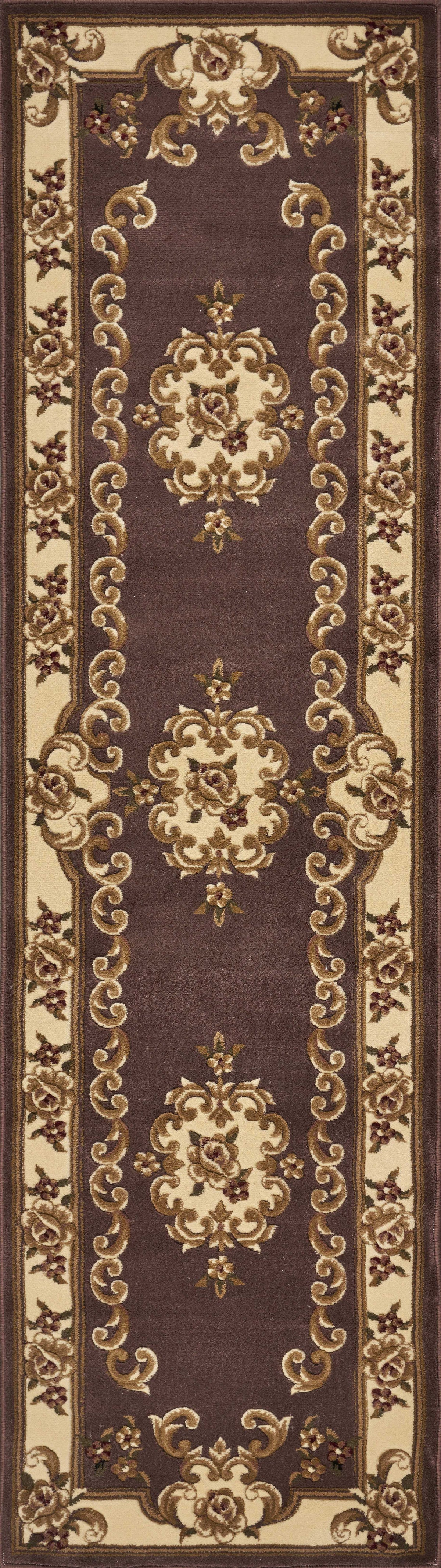 5' X 8' Plum Ivory Machine Woven Hand Carved Floral Medallion Indoor Area Rug