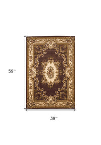 5' X 8' Plum Ivory Machine Woven Hand Carved Floral Medallion Indoor Area Rug