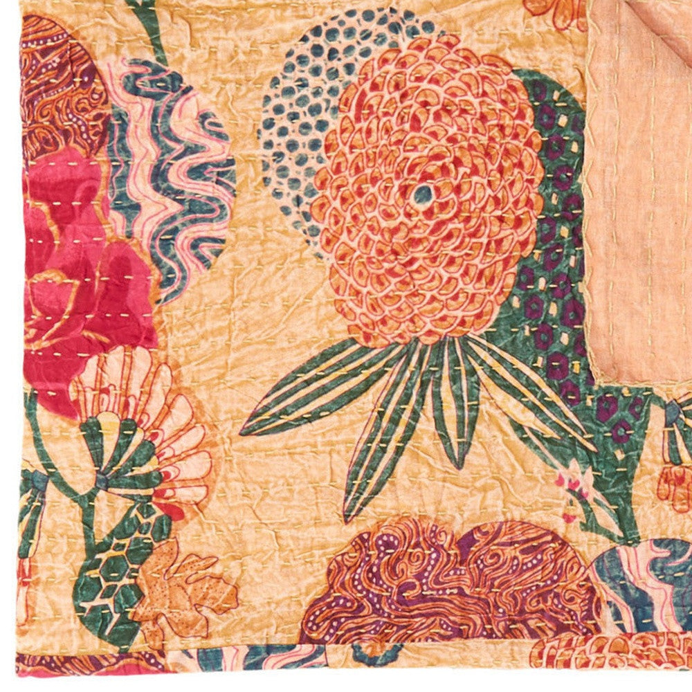 50" X 70" Orange and Red Kantha Cotton Floral Throw Blanket with Embroidery