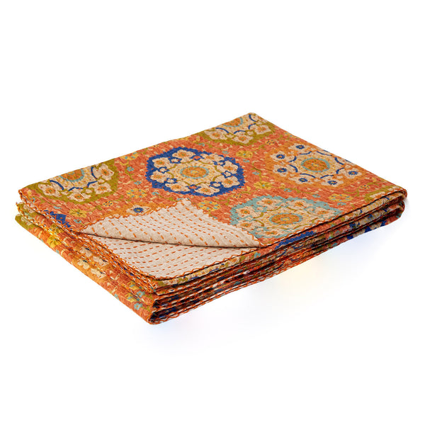 50" X 70" Orange and Blue Kantha Cotton Floral Throw Blanket with Embroidery