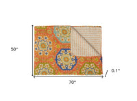 50" X 70" Orange and Blue Kantha Cotton Floral Throw Blanket with Embroidery