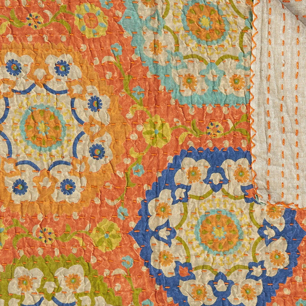 50" X 70" Orange and Blue Kantha Cotton Floral Throw Blanket with Embroidery