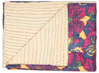 50" X 70" Blue and Pink Kantha Cotton Floral Throw Blanket with Embroidery