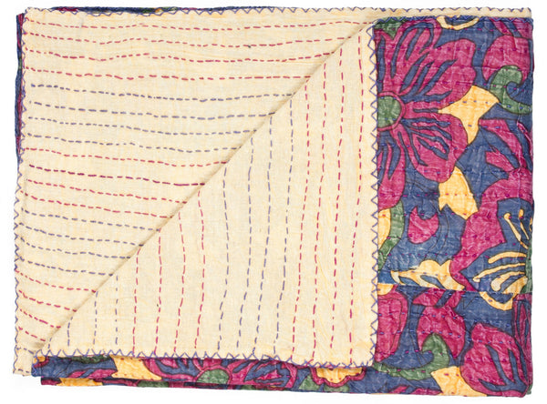 50" X 70" Blue and Pink Kantha Cotton Floral Throw Blanket with Embroidery