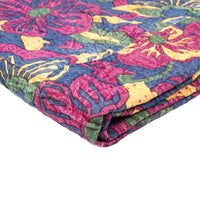 50" X 70" Blue and Pink Kantha Cotton Floral Throw Blanket with Embroidery