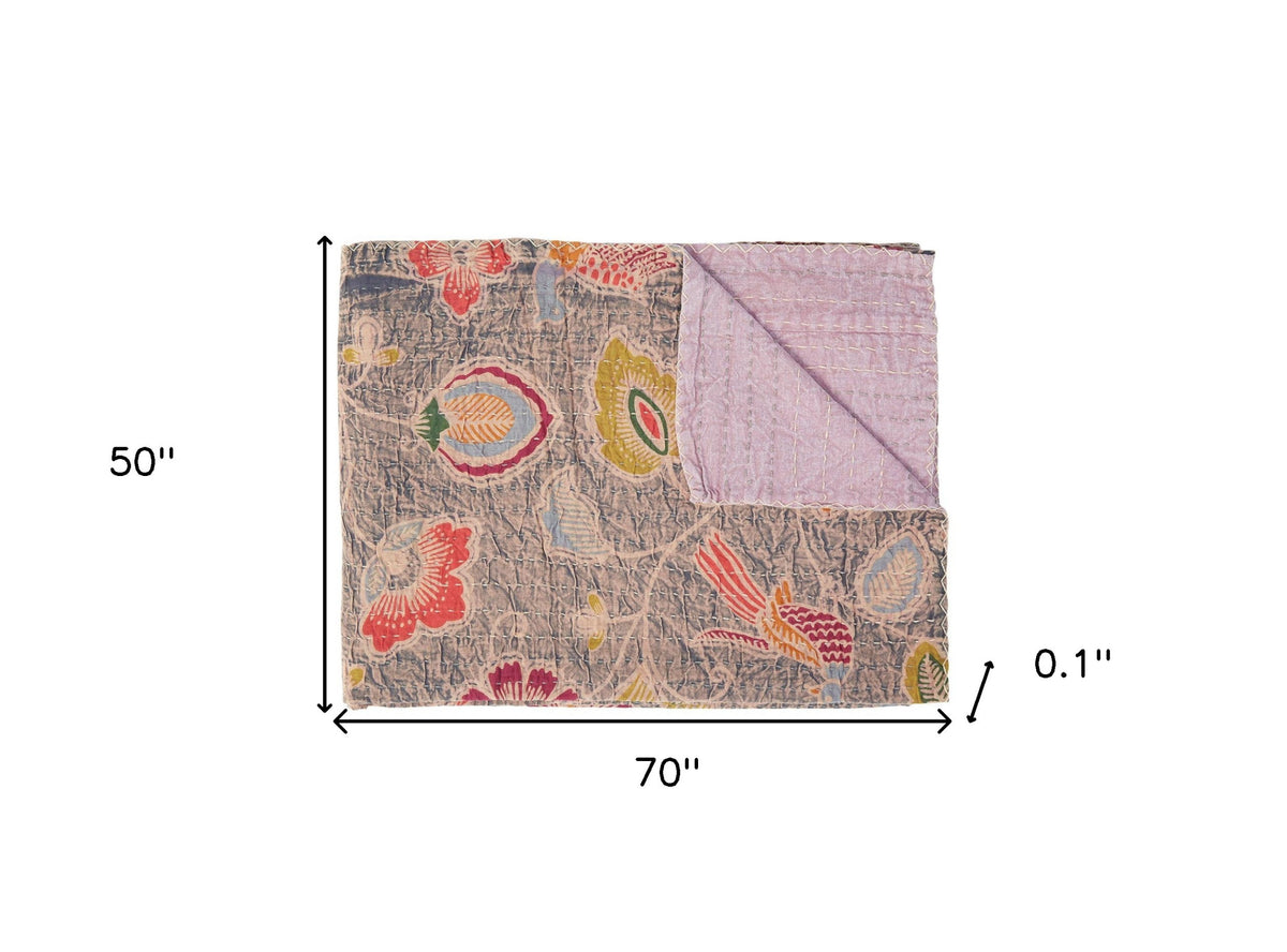 50" X 70" Gray and Pink Kantha Cotton Floral Throw Blanket with Embroidery