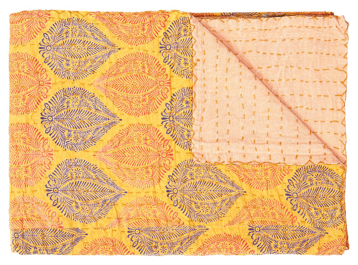 70" X 50" Yellow and Peach Kantha Cotton Patchwork Throw Blanket with Embroidery