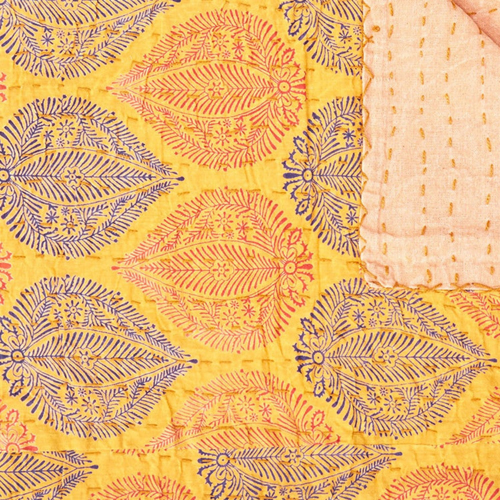 70" X 50" Yellow and Peach Kantha Cotton Patchwork Throw Blanket with Embroidery