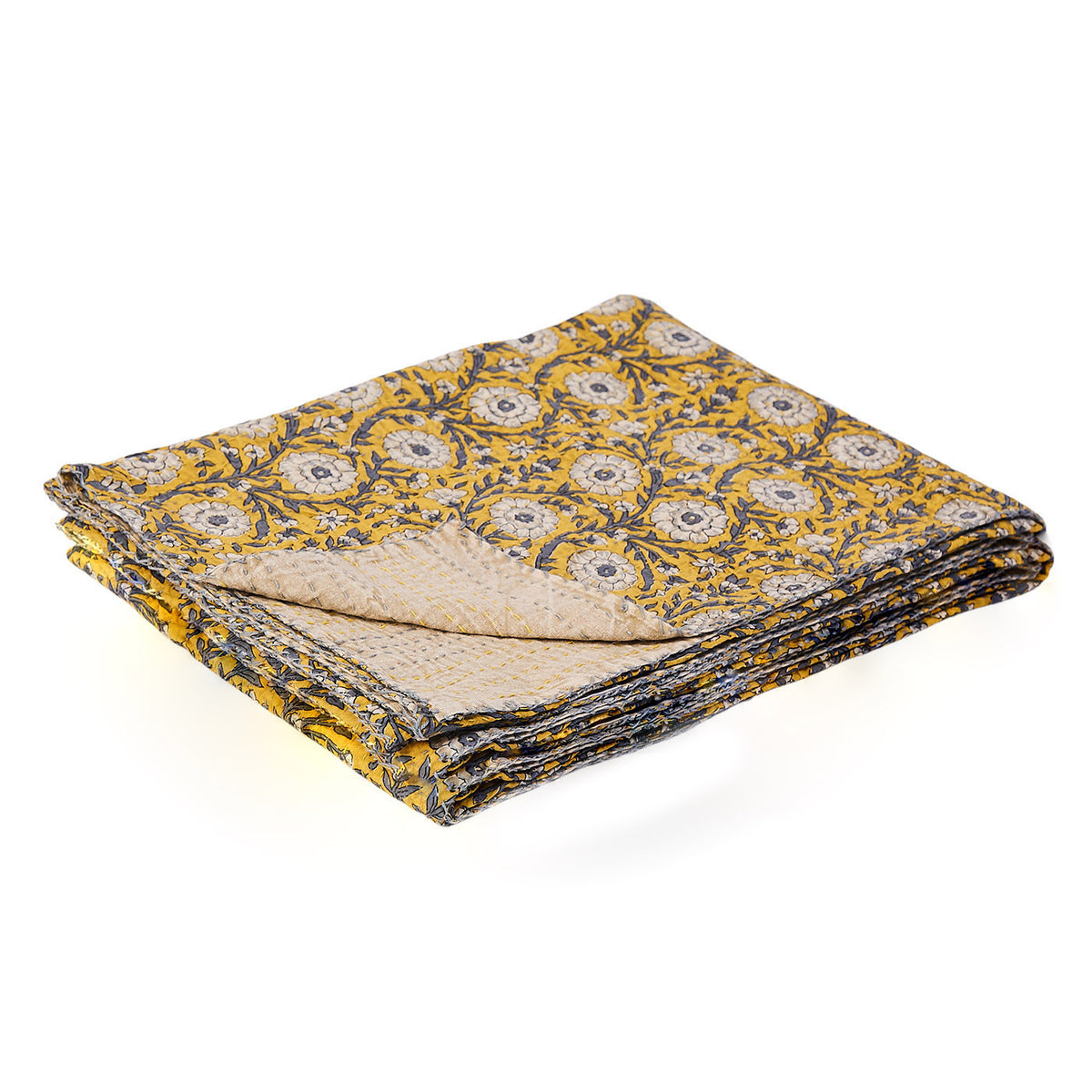 50" X 70" Yellow and Gray Kantha Cotton Floral Throw Blanket