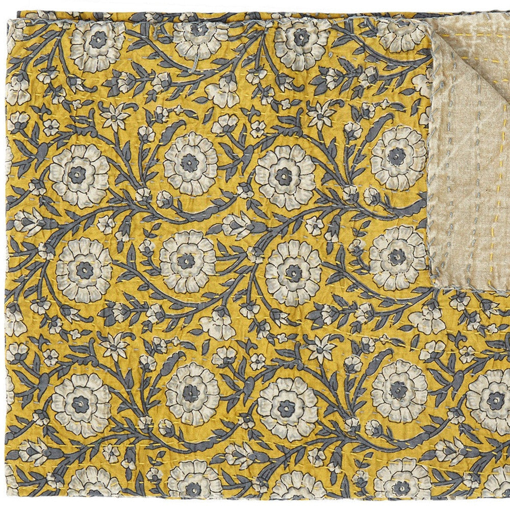 50" X 70" Yellow and Gray Kantha Cotton Floral Throw Blanket