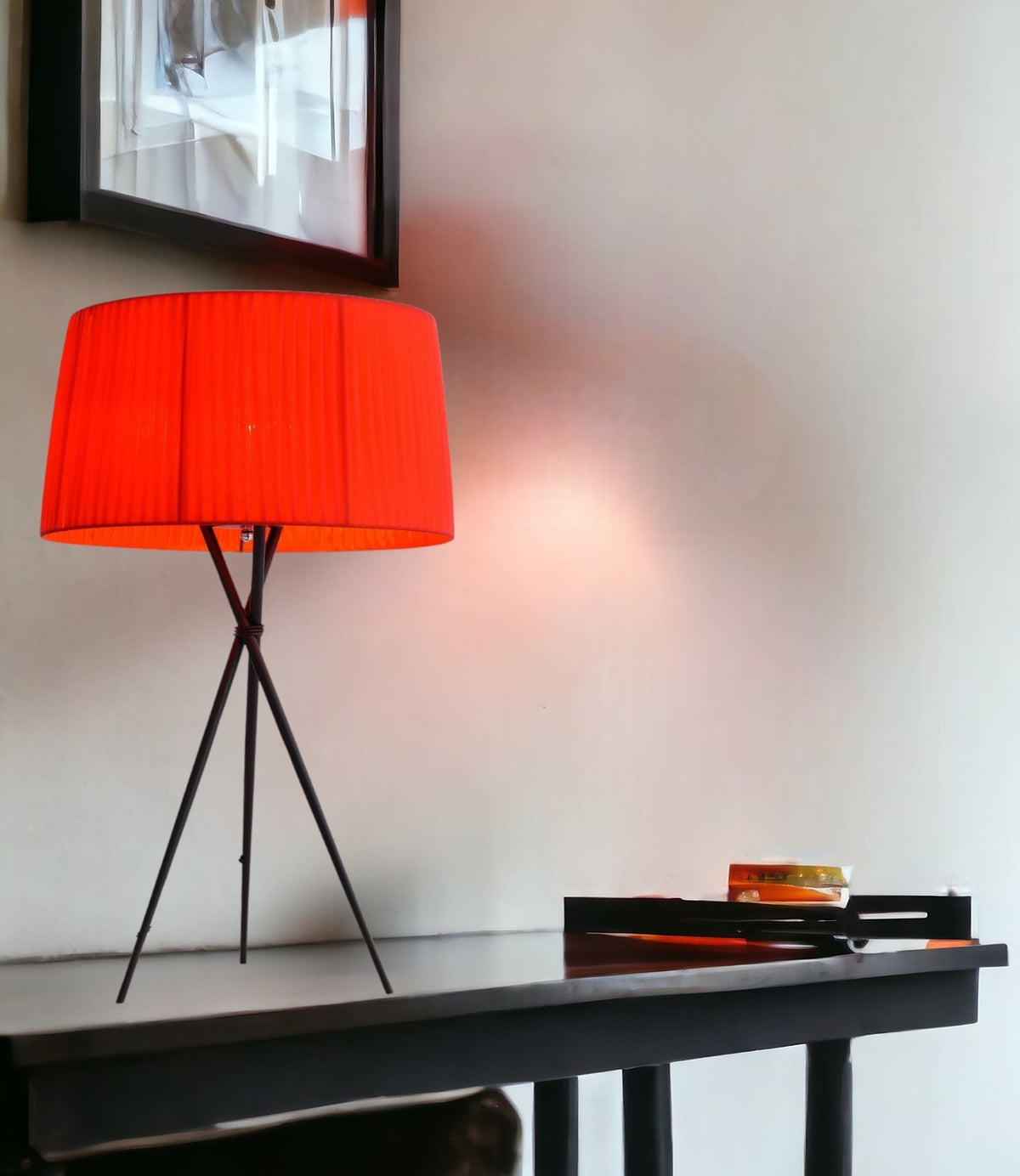 30" Black Metal Tripod Tripod Lamp Table Lamp With Red Empire Shade