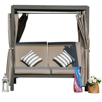 161.85" X 71.37" X 8.58" Gray Outdoor Steel Metal Adjustable Day Bed With Canopy And Taupe Cushions