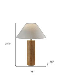26" Natural Solid Wood Cylinder Table Lamp With White Cone Shade