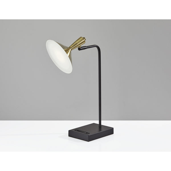 22" Black Metal LED Desk Table Lamp With USB And Antiqued Brass Cone Shade