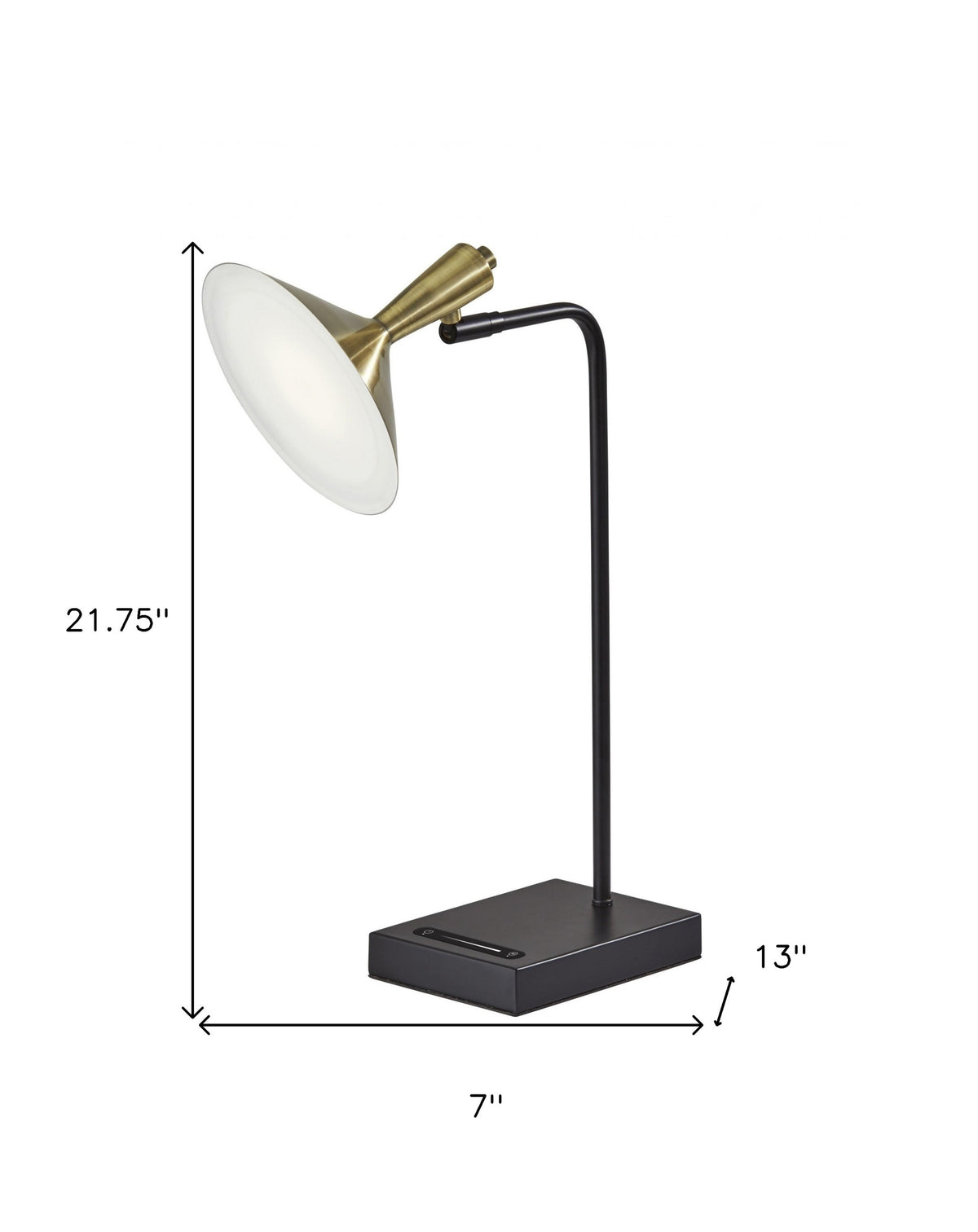 22" Black Metal LED Desk Table Lamp With USB And Antiqued Brass Cone Shade