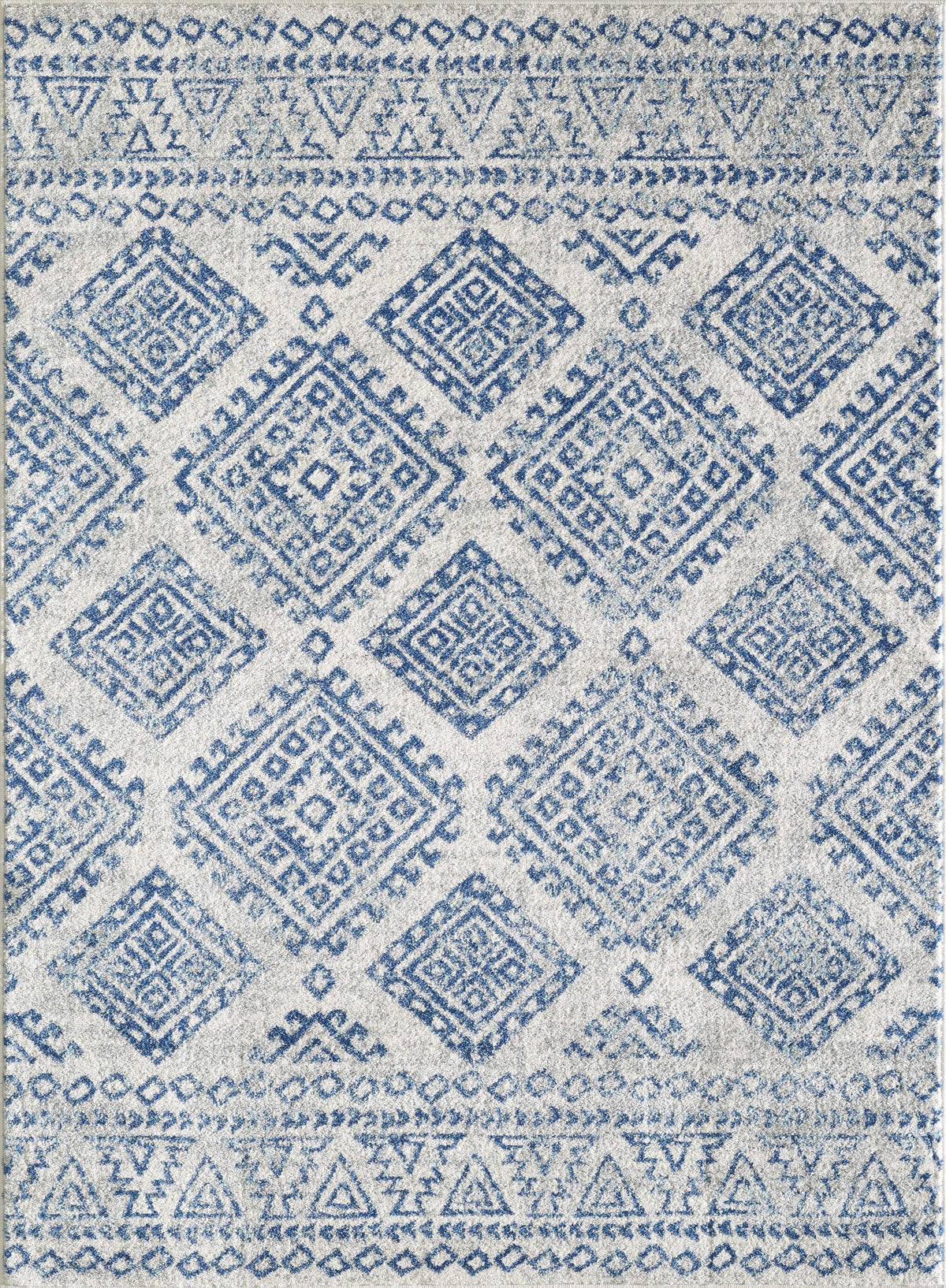 7'X12' Ivory Blue Machine Woven Distressed Geometric Indoor Area Rug