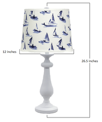 27" White Metal Cylinder Bedside Transportation Table Lamp With Blue and White Drum Shade