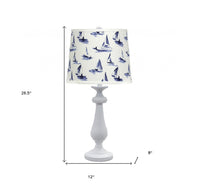 27" White Metal Cylinder Bedside Transportation Table Lamp With Blue and White Drum Shade