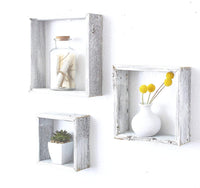 Set Of 3 Square Rustic White Wash Wood Open Box Shelve