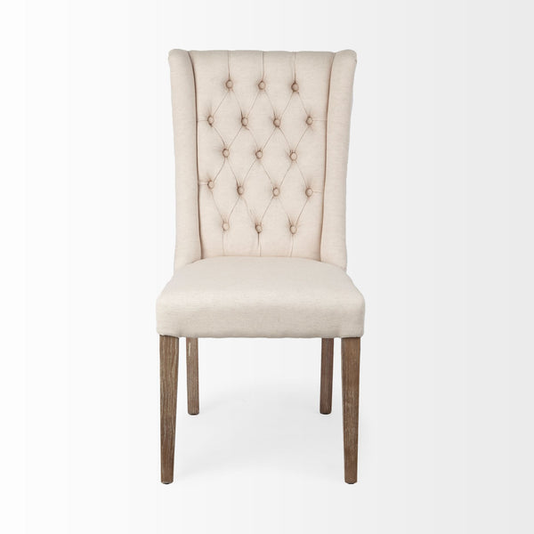 Tufted Cream And Brown Upholstered Linen Wing Back Dining Side Chair