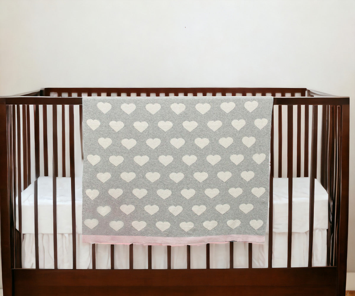 Grey And Ivory Hearts Knitted Baby Blanket