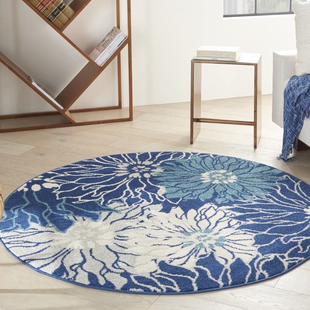 4' Blue And Ivory Round Floral Dhurrie Area Rug