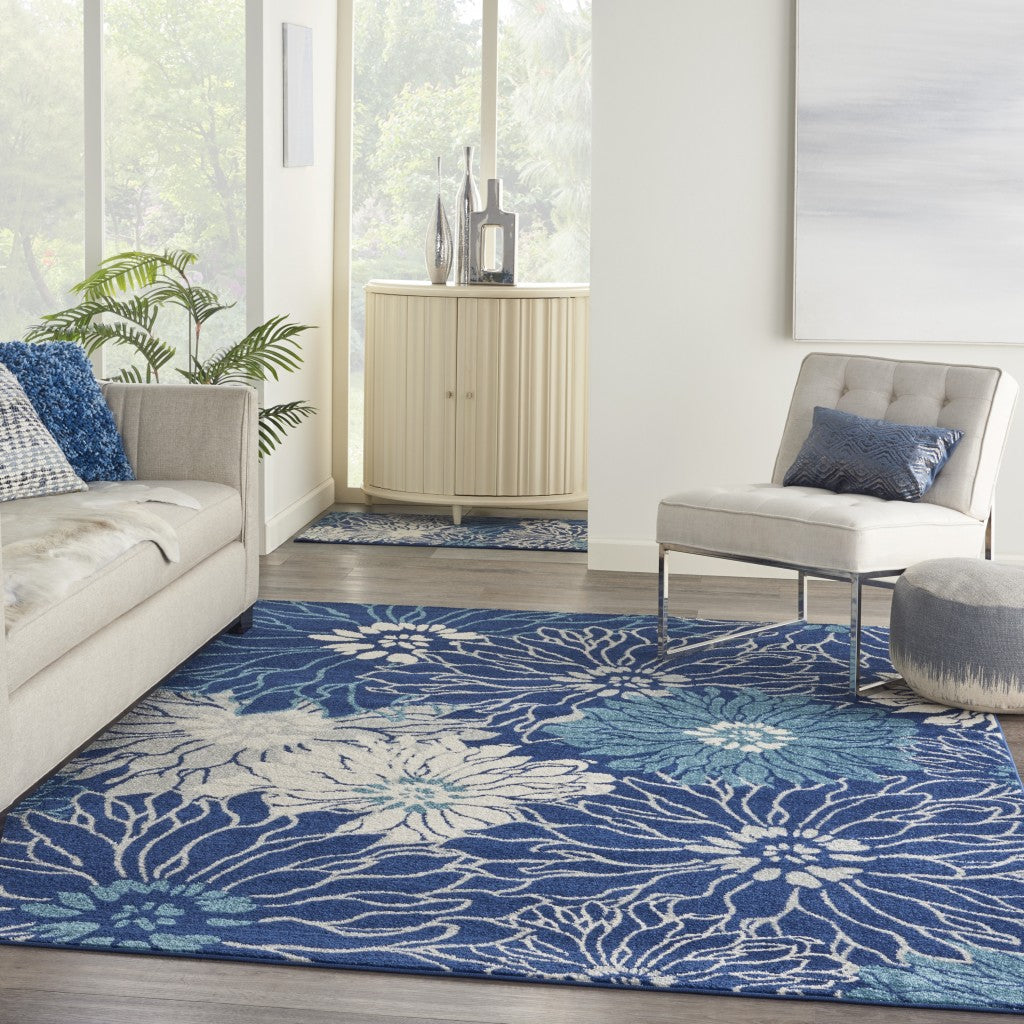 4' Blue And Ivory Round Floral Dhurrie Area Rug