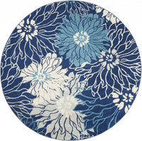 4' Blue And Ivory Round Floral Dhurrie Area Rug