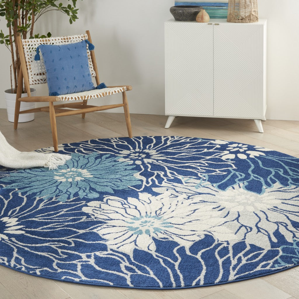 4' Blue And Ivory Round Floral Dhurrie Area Rug