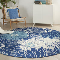 4' Blue And Ivory Round Floral Dhurrie Area Rug