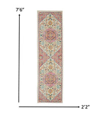 8' Pink And Ivory Southwestern Dhurrie Runner Rug