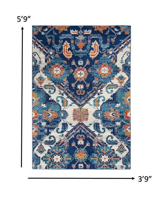 4' X 6' Blue And Ivory Floral Power Loom Area Rug