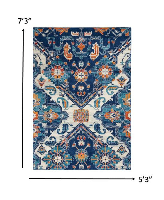 4' X 6' Blue And Ivory Floral Power Loom Area Rug