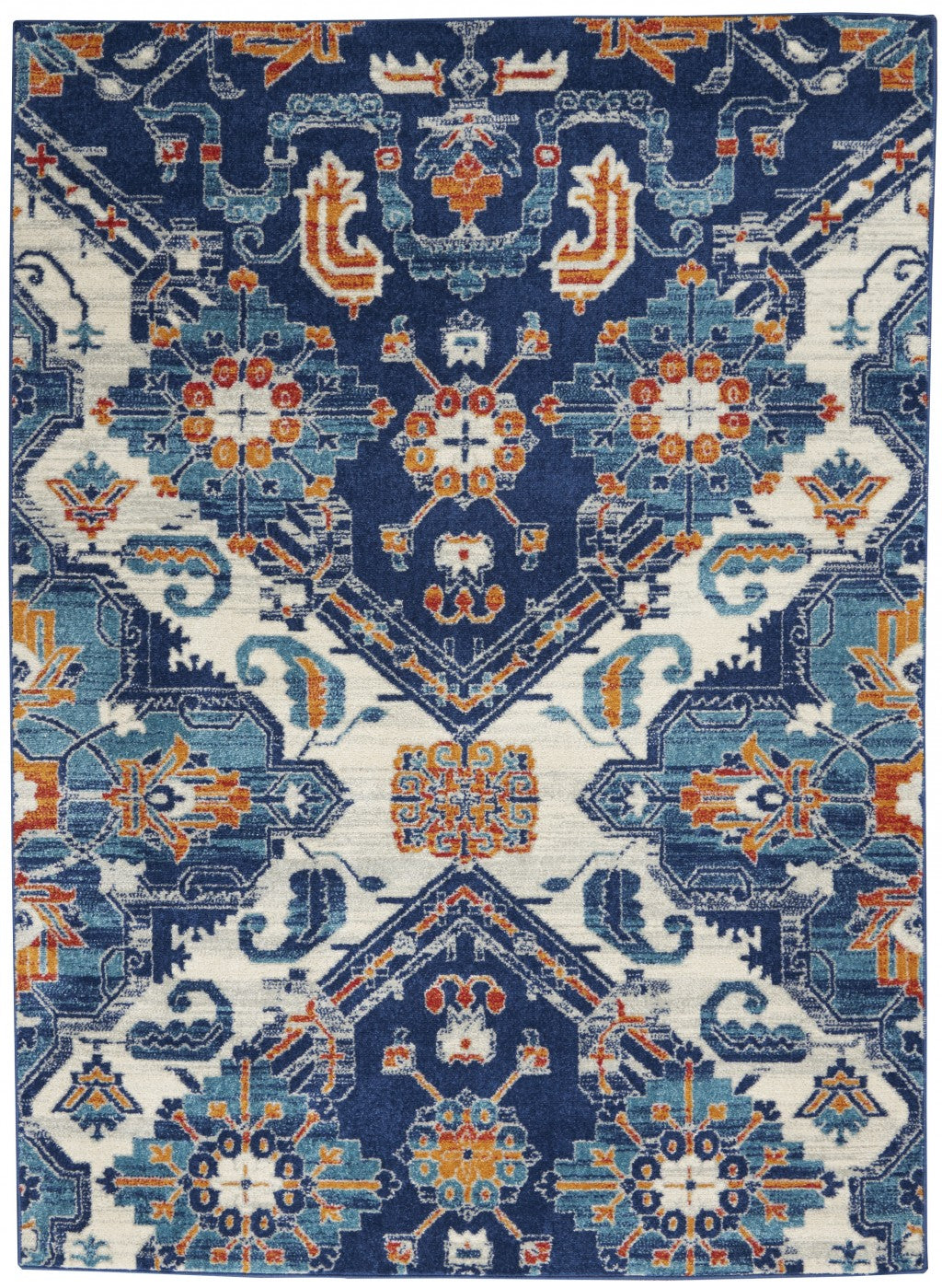 4' X 6' Blue And Ivory Floral Power Loom Area Rug