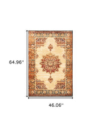 5’ X 7’ Gold And Orage Floral Medallionarea Rug