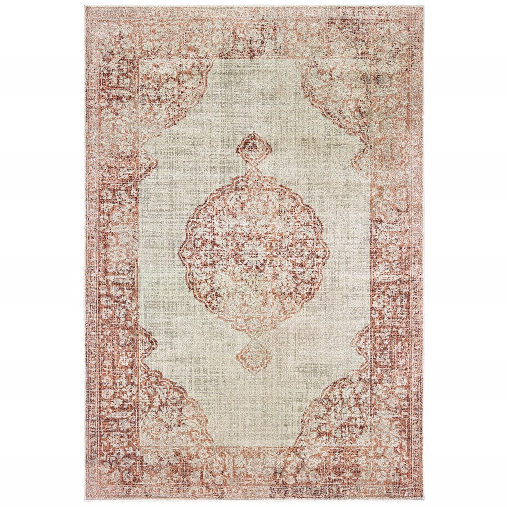 2' X 8' Ivory And Pink Medallion Runner Rug