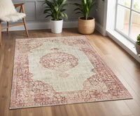 2' X 8' Ivory And Pink Medallion Runner Rug