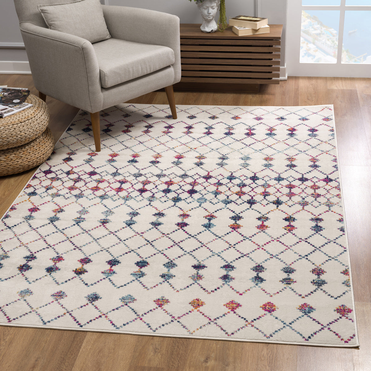 7’ X 10’ White Modern Geometric Grid Area Rug