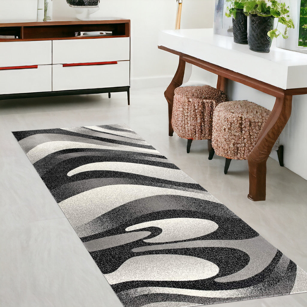 10' Black Gray and White Marble Power Loom Runner Rug