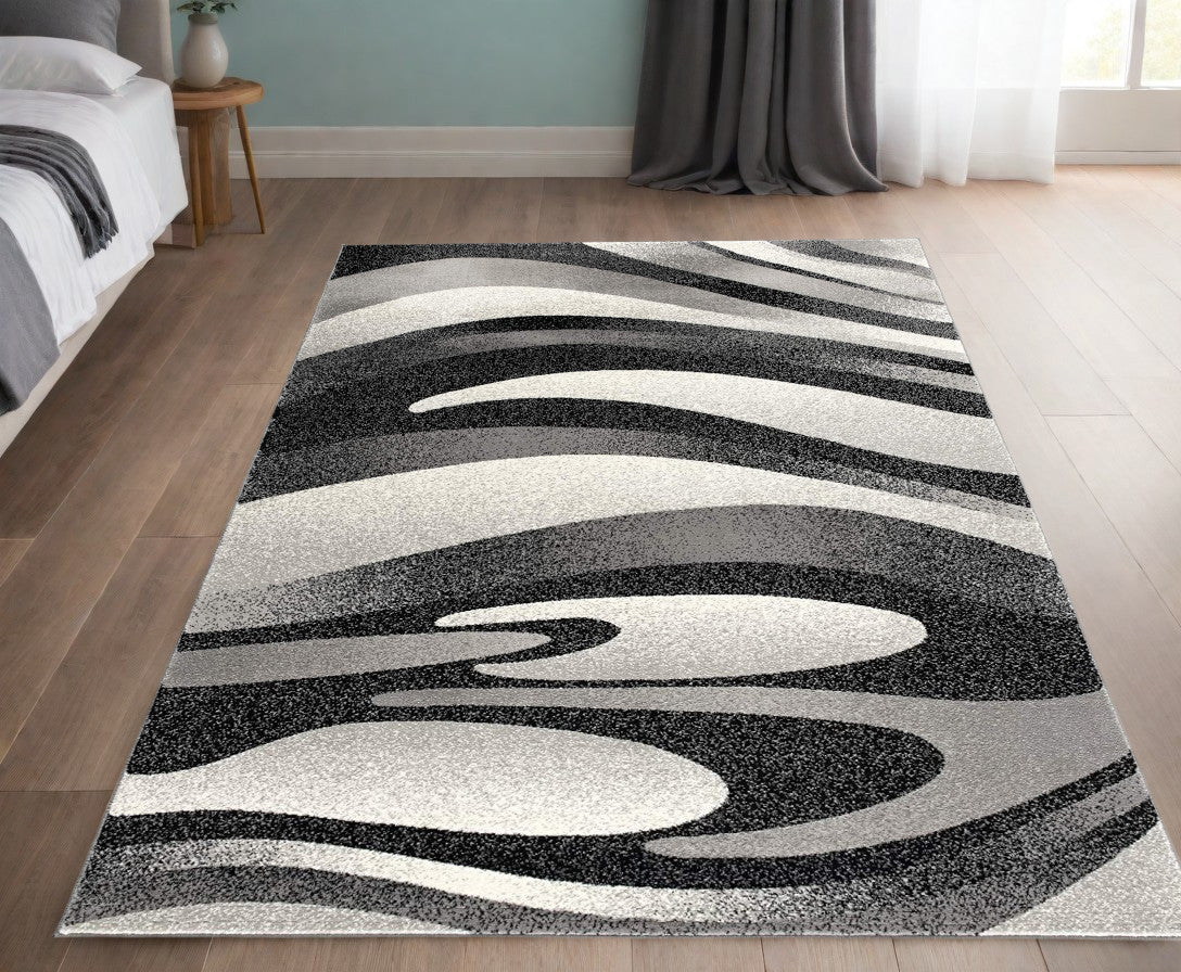 10' Black Gray and White Marble Power Loom Runner Rug